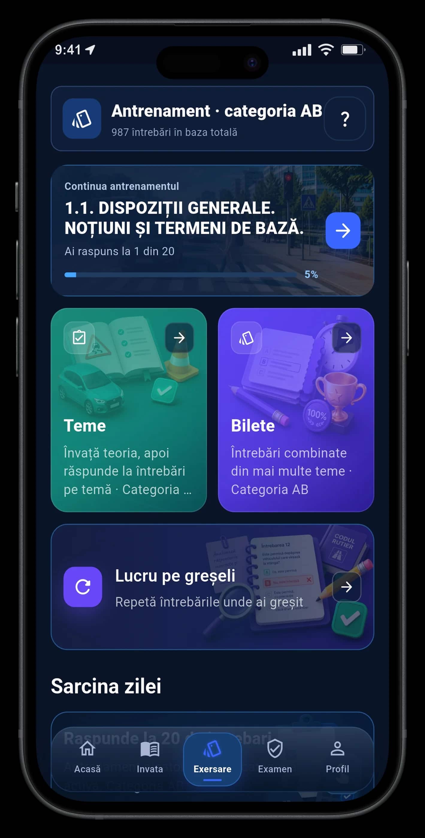 Ecran aplicație PDDMD: antrenament